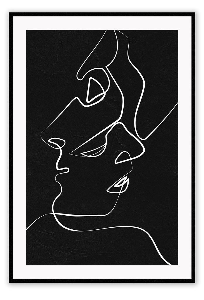 An abstractprint white line drawing of a kissing love scenario on black background