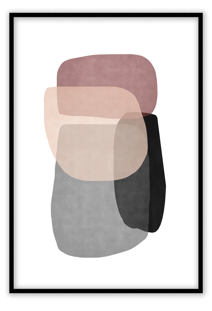 Abstract print with pink grey and black tones on a white background random round shapes overlapping 