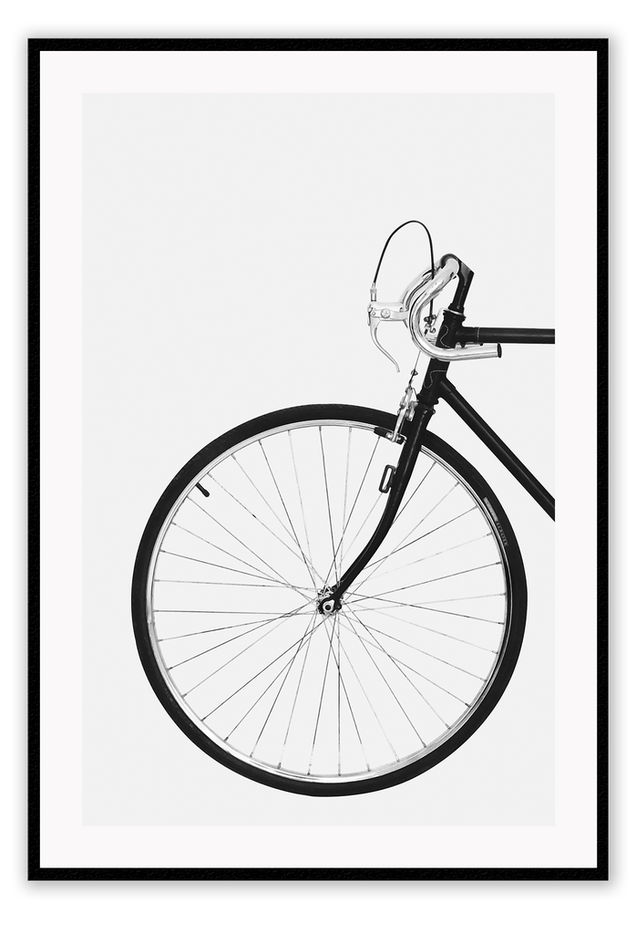 A black and white wall art with a scandi bike white background