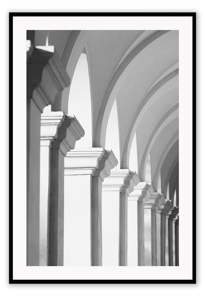 A classic architecture wall art with grand European arches in black and white.