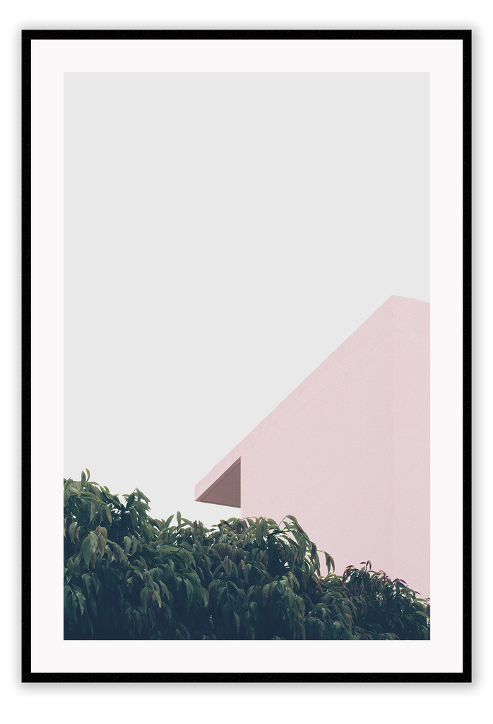 A minimal photography print peaceful wall art with pink roof, green trees and light blue sky, pastel tones.