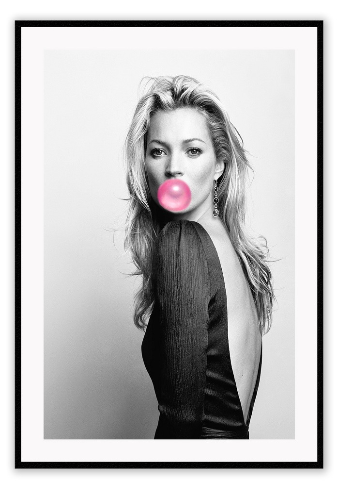 An iconic fashion wall art with 90s English model Kate Moss and pink bubble gum.