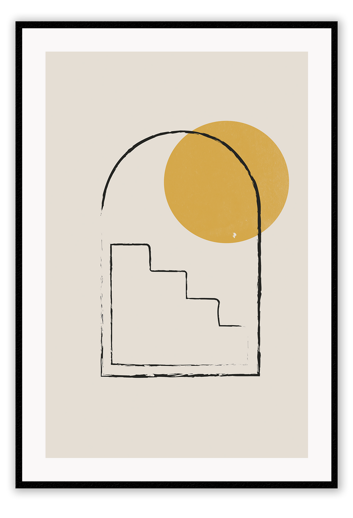 Beige background black outline archway and stairs with yellow circle abstract minimal scandi 