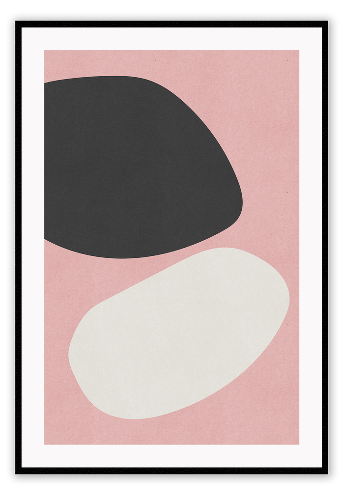 An abstract wall art with black and off-white curvey shapes on dusty pink background. 