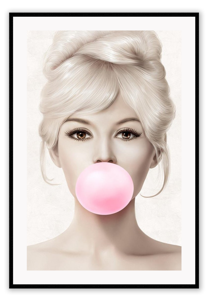 Celebrity famous portrait print illustration gum bubble pink and neutral tones brigette vintage 
