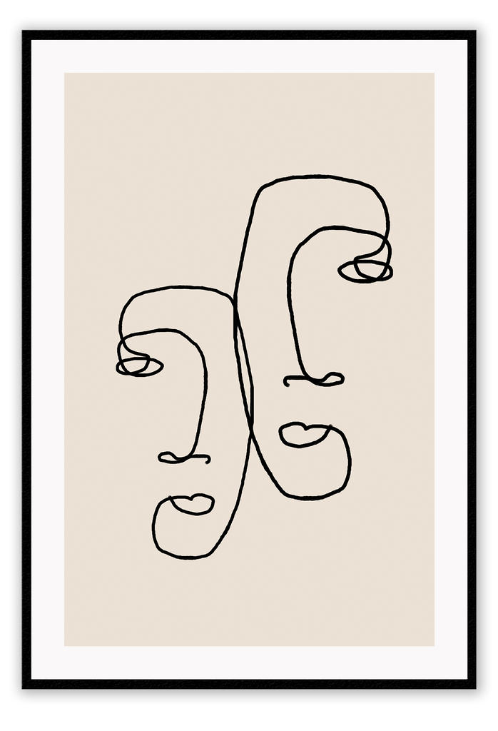 Abstract print line art faces two black line beige background modern simple minimal