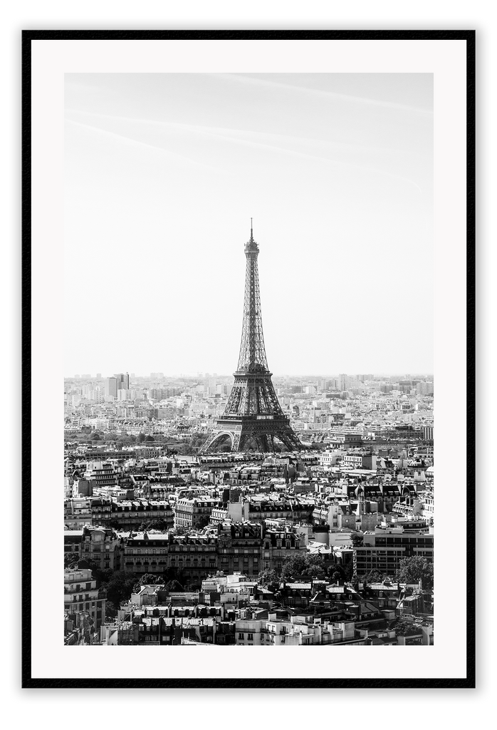 A black and white urban wall art with the city view of Paris and Eiffel tower. 