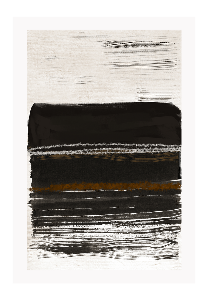 Abstract style art print in brushtroke texture with large horzintal strokes in black and rust on a white background.