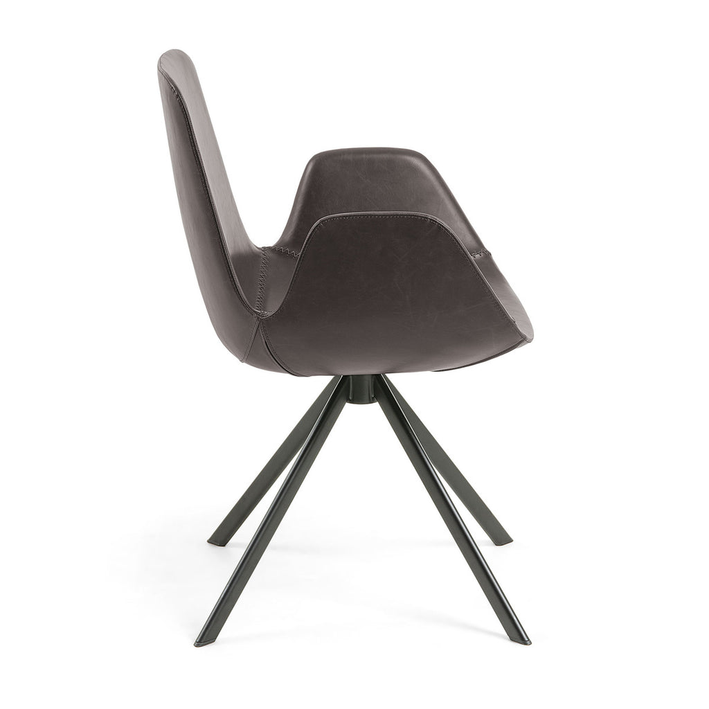 Modern dark brown leather desk chair with winged arm rests and black powder steel legs on a white background