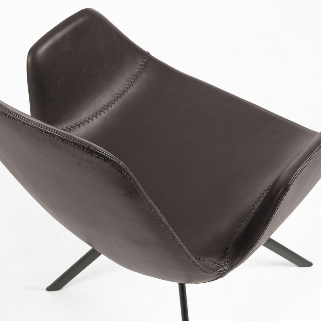 Modern dark brown leather desk chair with winged arm rests and black powder steel legs on a white background