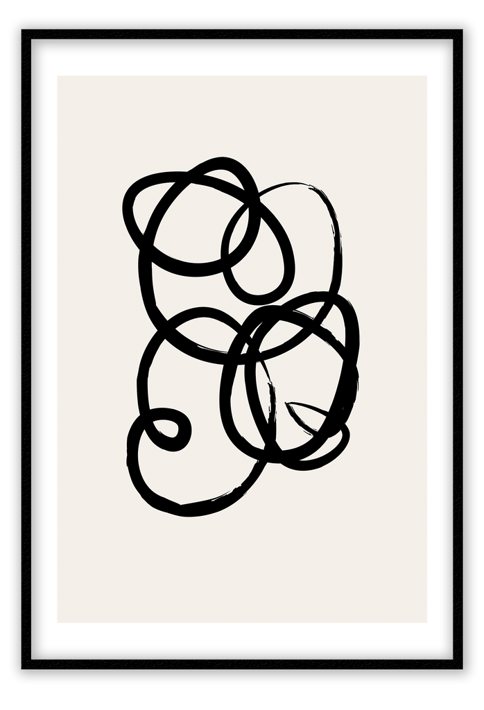 Abstract black and white squiggle print with textured black line and cream background 