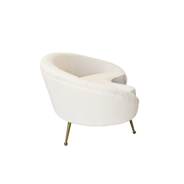 Elegant curved sofa with curved back rest merging into seat cushion, fully upholstered in cream boucle with four slim brushed gold metal legs