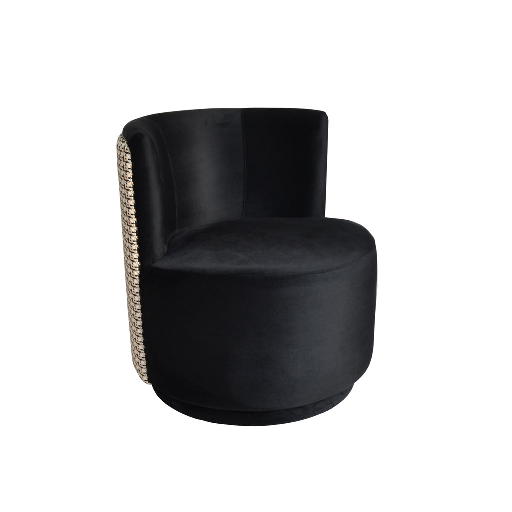 Black velvet armless occasional chair with black, ivory and gold tweed back on a white background