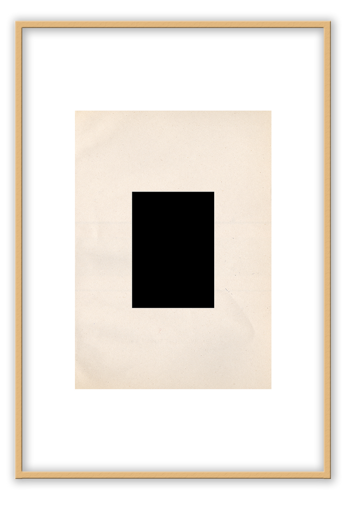 Scandi style art print with a plain black rectangle on a bigger, textured beige rectangle with a white border.