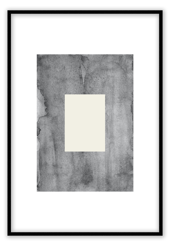 Scandi style art print with a cream coloured rectangle on a dark grey watercolour textured rectangle with white border.