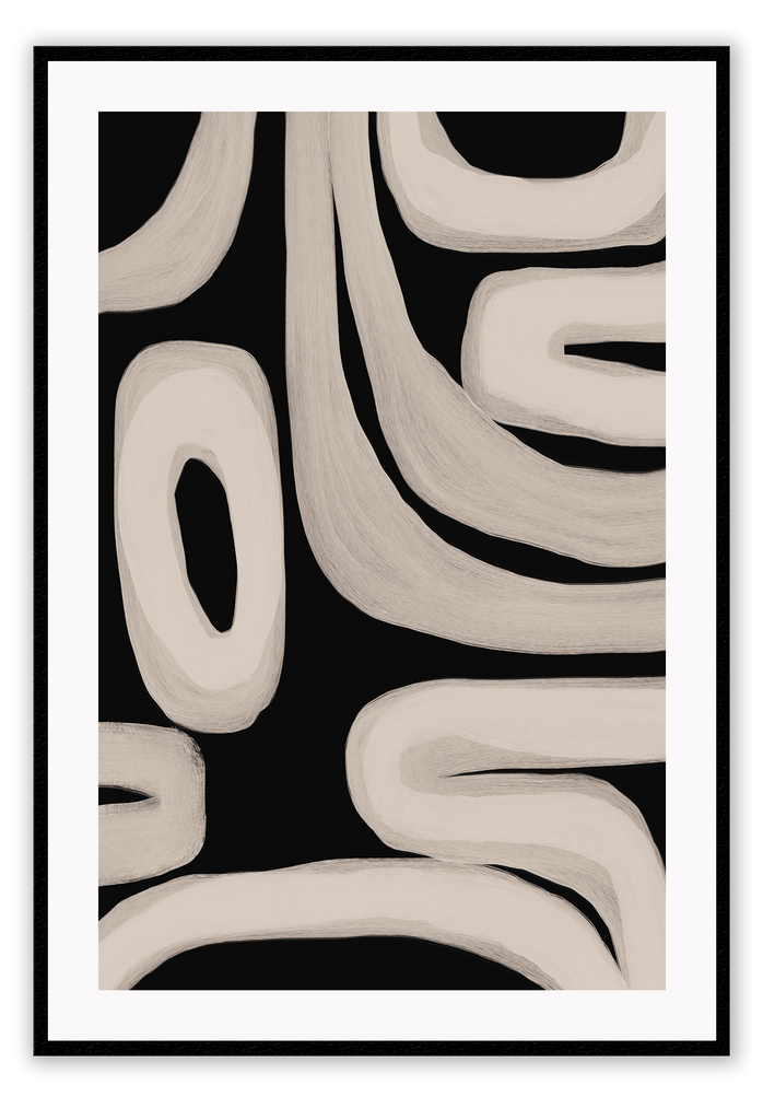 Minimalistic art print with chunky beige circles and curvy lines in brushstroke texture on a plain black background.
