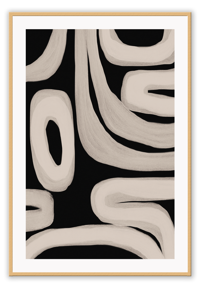 Minimalistic art print with chunky beige circles and curvy lines in brushstroke texture on a plain black background.