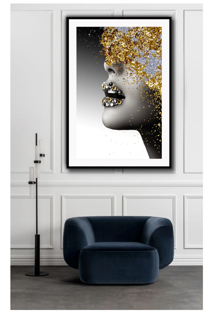 Black and white woman sexy lips with gold glitter lips and face shiny diamonds glam print 