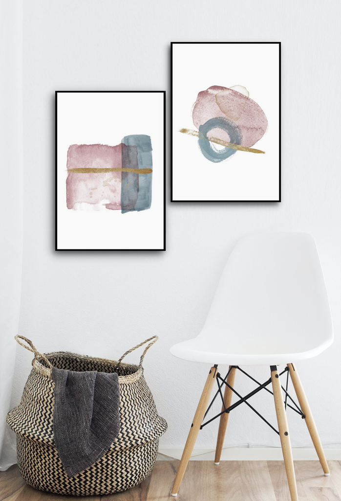 Minimal print with pastel pink blue and gold circle shape brushstrokes on a gold background watercolour texture 