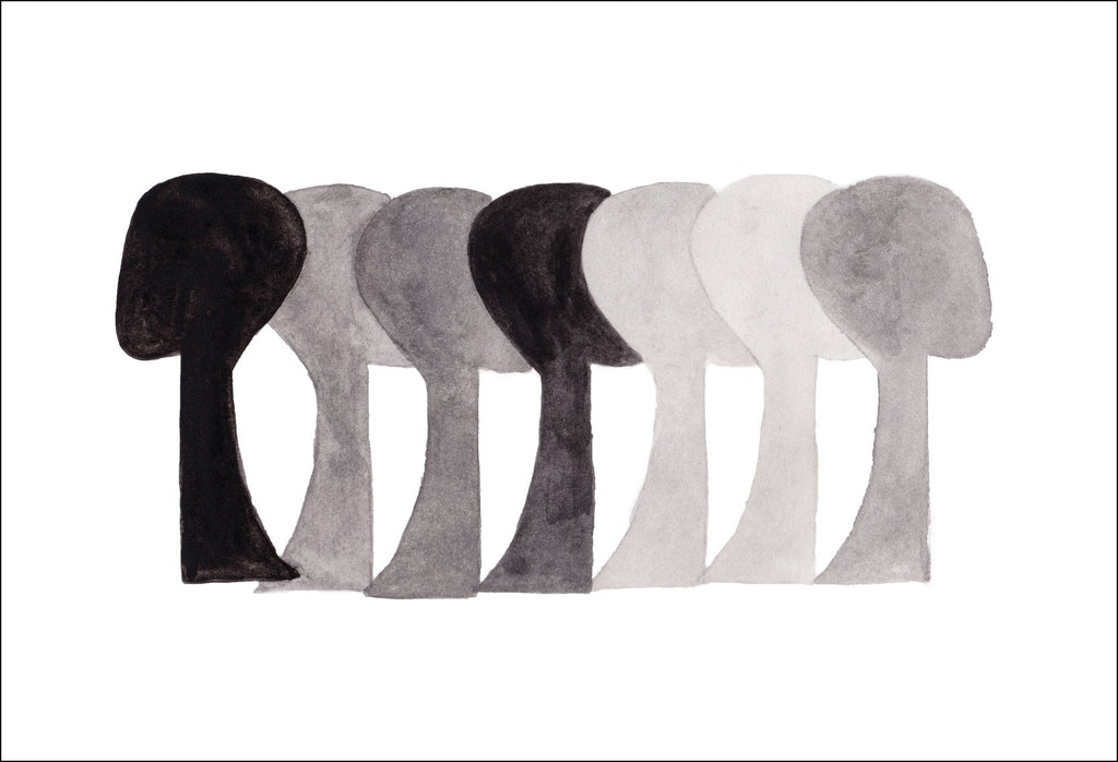 Abstract print with seven watercoloured textured heads in light grey to black tones on a plain white background.