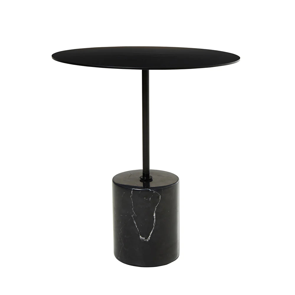 Small Side Table with Solid Cylinder Black Marble Base and a Round Black Metal Table Top on a White Background