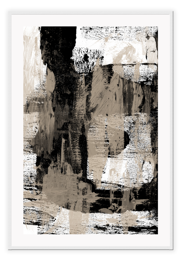 Abstract style art print with large black and beige brushstokes covering the print on a white background.