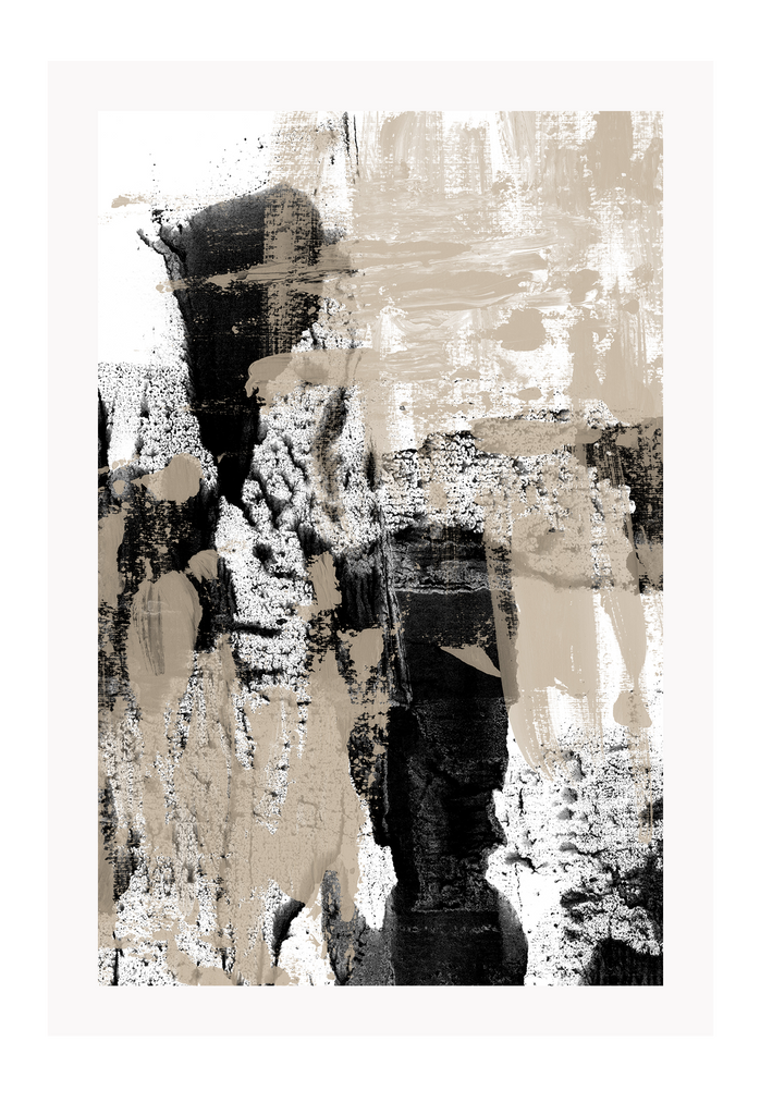 Abstract style art print with large black and beige brushstokes covering the print on a white background.