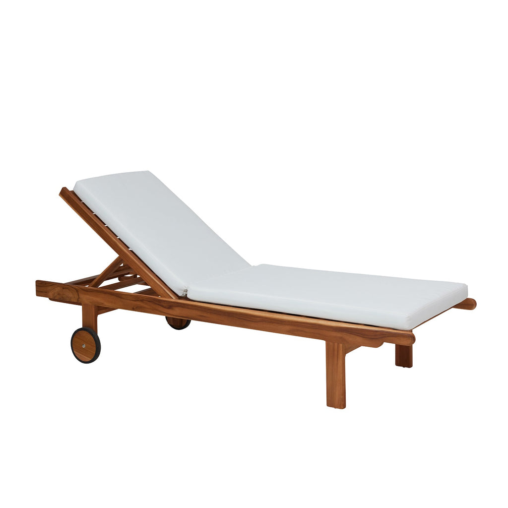 Teak wood outdoor sunbed with white cushions