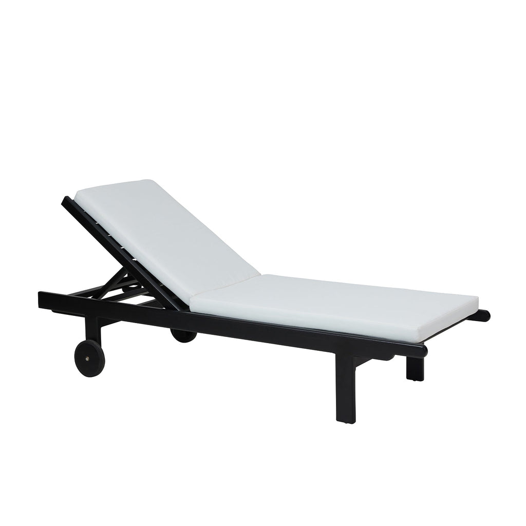 Teak wood in black outdoor sunbed with white cushions