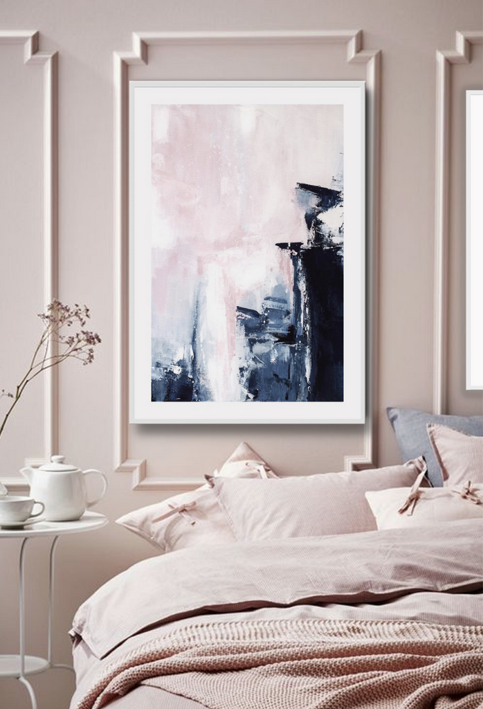 Abstract modern art print portrait landscape with navy blue pink and white brustrokes overlapping on a white background.