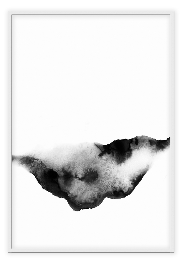 Minimal modern abstract portrait and landscape print black and grey watercolour spot in middle on white background.