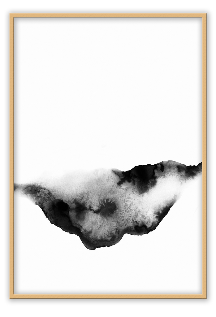 Minimal modern abstract portrait and landscape print black and grey watercolour spot in middle on white background.