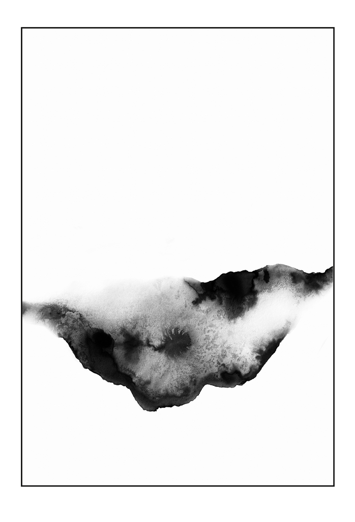 Minimal modern abstract portrait and landscape print black and grey watercolour spot in middle on white background.