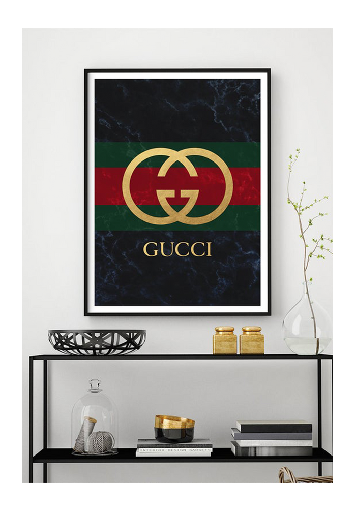 Portrait fashion print with gold gucci logo on green and red stripe with dark grey washed background