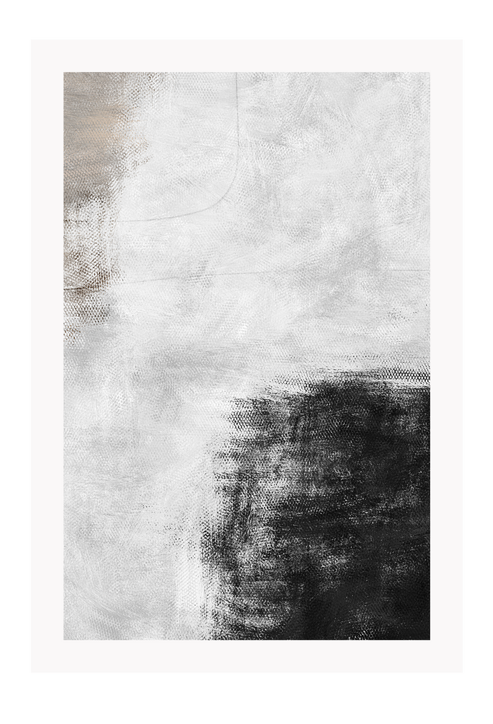 Abstract art print in brushstroke texture with one black and one beige corner and white brushstrokes in the middle.