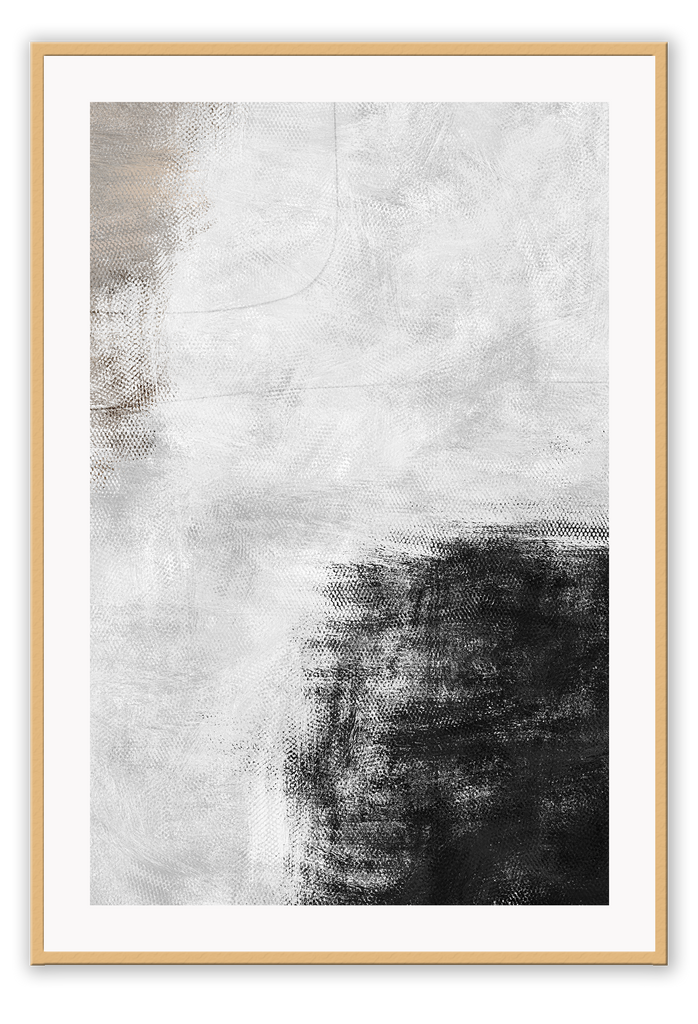 Abstract art print in brushstroke texture with one black and one beige corner and white brushstrokes in the middle.