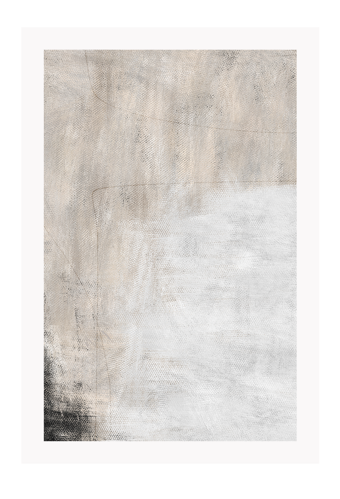 Abstract art print in light grey and white brushstroke textured tones with a hint of black in one corner and thin black lines
