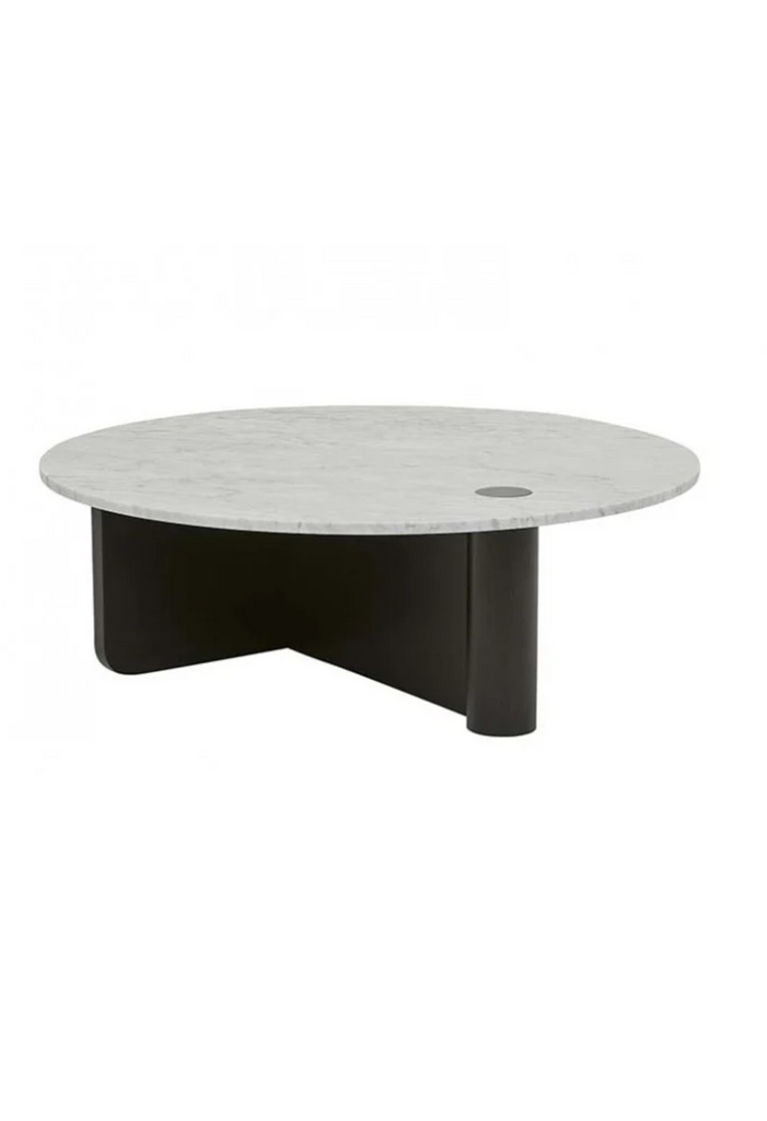 White Marble Coffee Table with Unique Black Wood Structured Base on a white background