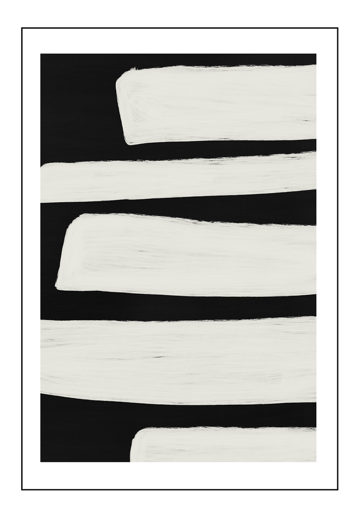 Abstract minimalistic style print with white chunky linear brushstrokes on a black solid background.