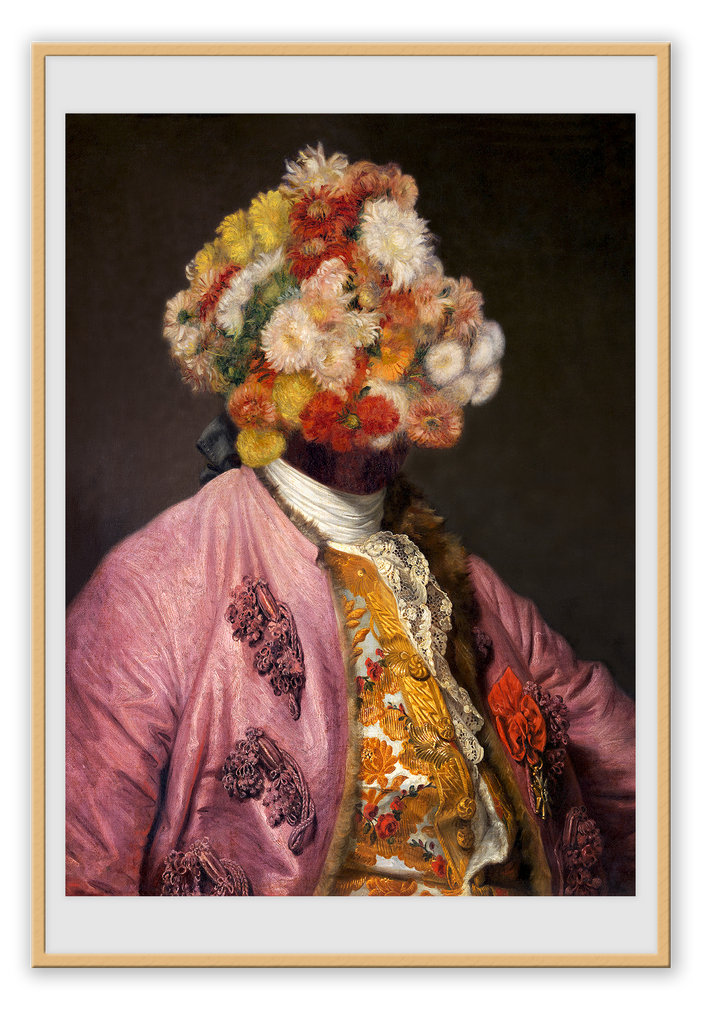 A vintage wall art with oil painting of a middle class man and flowers on his head. 