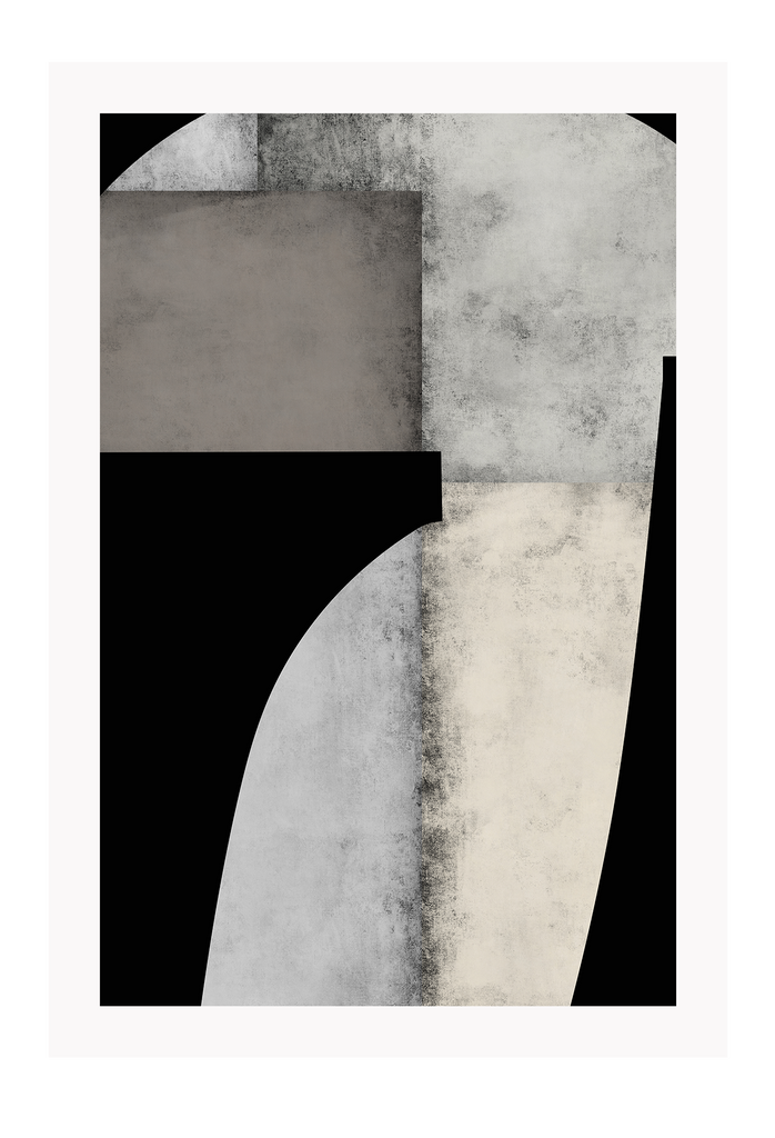 Abstract print with grey brushstroke textured rectangular shapes in the centre, sorrounded by random black shapes.