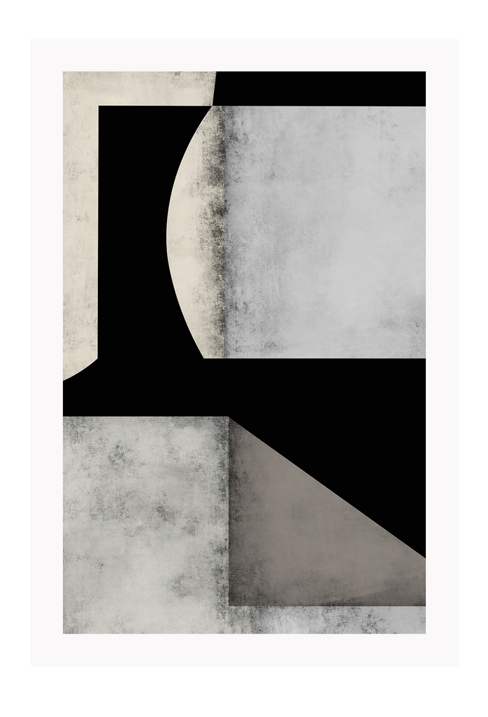 Abstract print with grey brushstroke textured rectangular shapes in the centre, sorrounded by random black shapes.