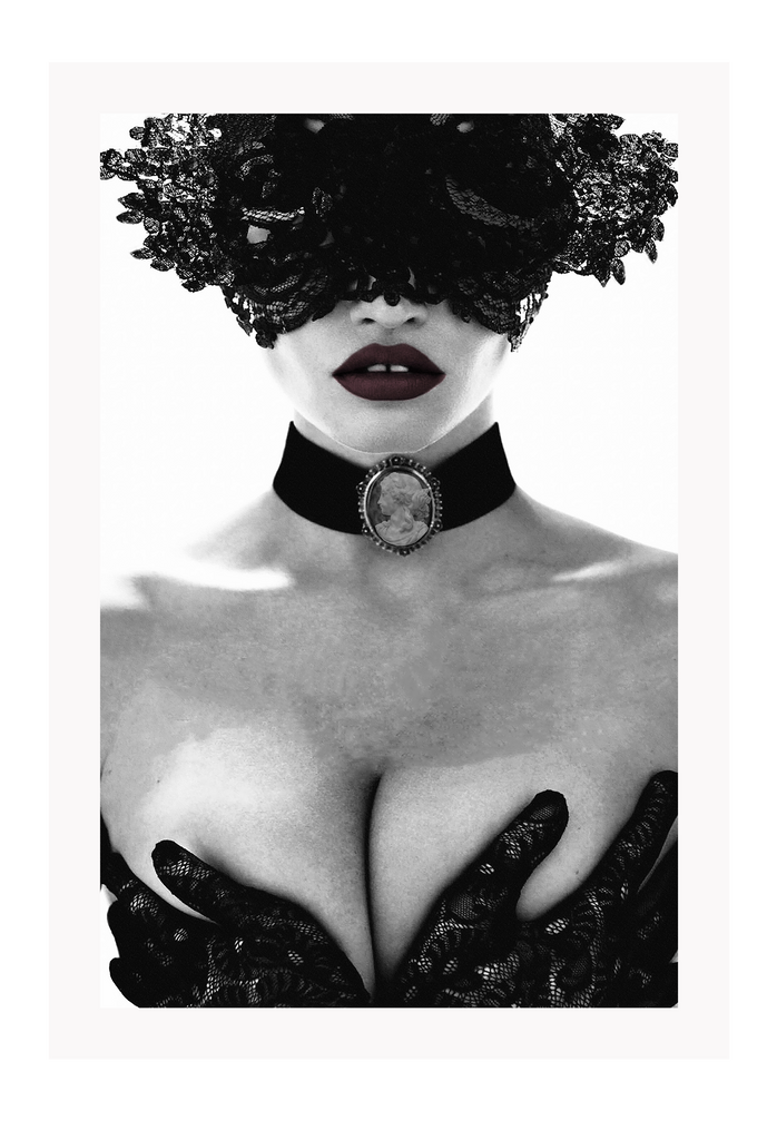 Black and white woman red lips sexy gloves dominatrix lace mask choker portrait 