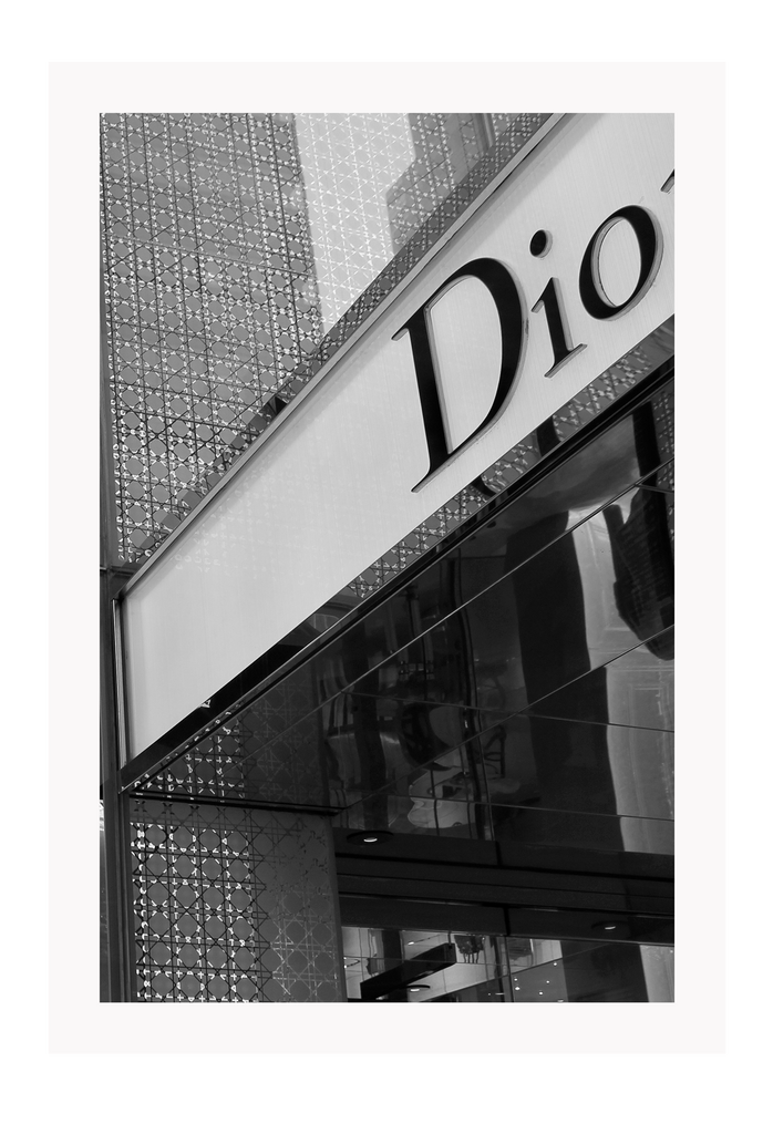 Christian Dior shop front fashion black and white print portrait, iconic 