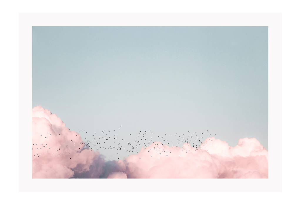 Pink cloud and blue sky birds flying in distance landscape print minimal 