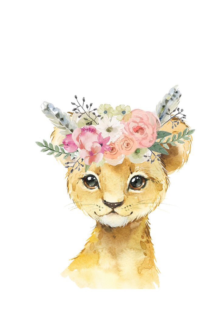 Kids nursery print with a watercolour baby lion wearing a flower crown on a white background. 
