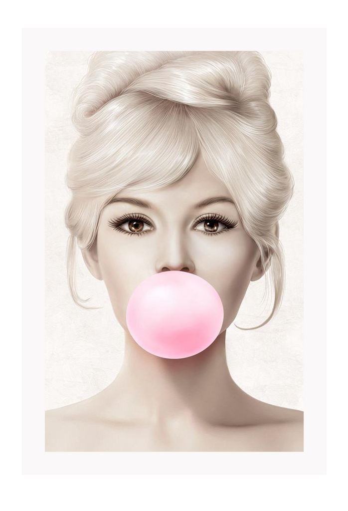 Celebrity famous portrait print illustration gum bubble pink and neutral tones brigette vintage 