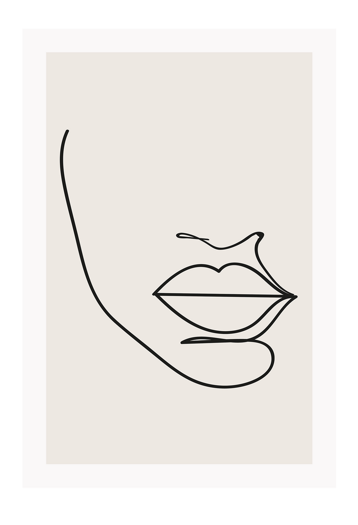Abstract line art minimal print portrait mouth face black outline on beige background