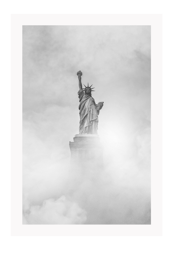Black and white New York portrait print with statue in clouds foggy moody minimal iconic