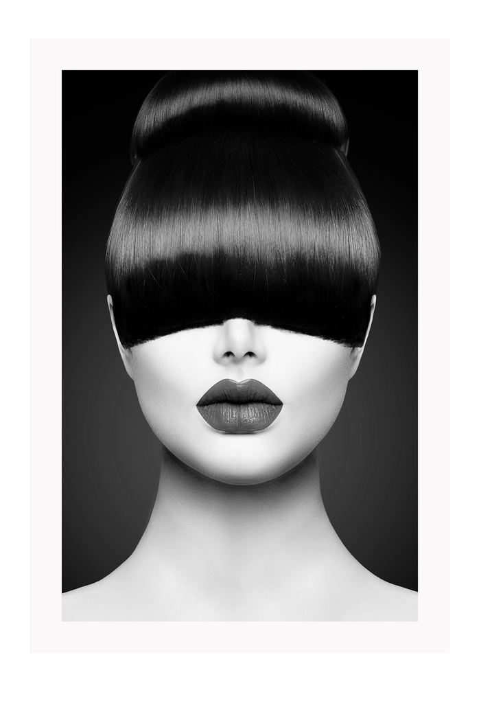 Photography print with lady woman fringe lips sexy black and white shiny texture hair